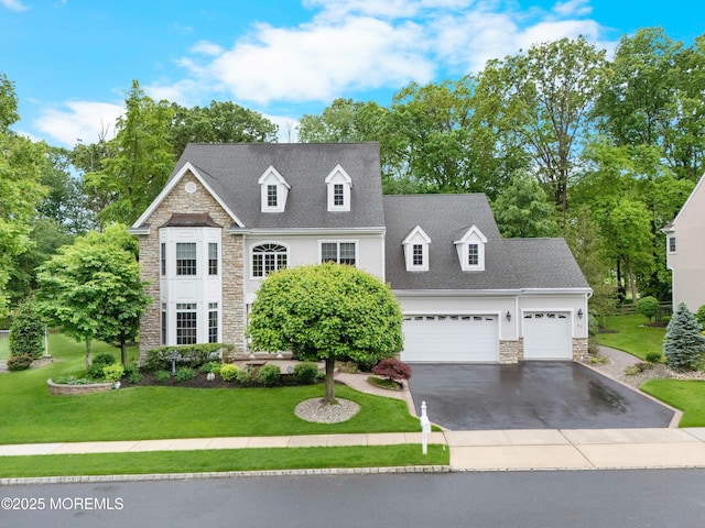 68 Hedgerow Ln, Manalapan, NJ 07726 - view of front of property featuring stone siding, driveway, a front lawn, a garage, and roof with shingles