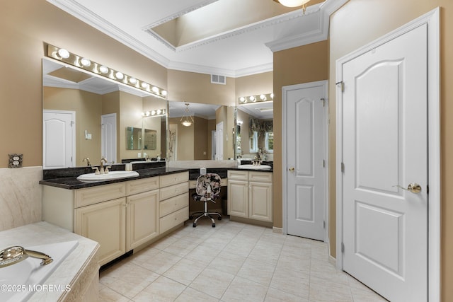 68 Hedgerow Ln, Manalapan, NJ 07726 - full bath featuring ornamental molding, vanity, tile patterned floors, and a tub to relax in