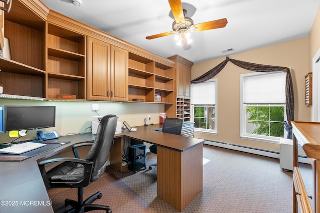 68 Hedgerow Ln, Manalapan, NJ 07726 - office featuring a baseboard heating unit, carpet flooring, ceiling fan, and built in study area