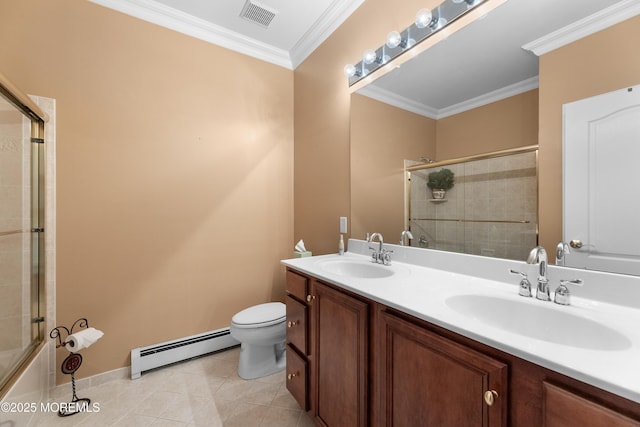 68 Hedgerow Ln, Manalapan, NJ 07726 - full bath with a baseboard radiator, toilet, crown molding, double vanity, and enclosed tub / shower combo