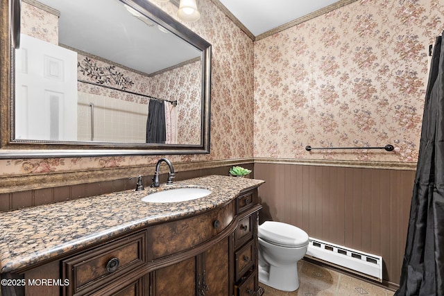 22 Fir Rd Unit 25, Manahawkin, NJ 08050 - bathroom with a baseboard heating unit, a wainscoted wall, vanity, toilet, and curtained shower