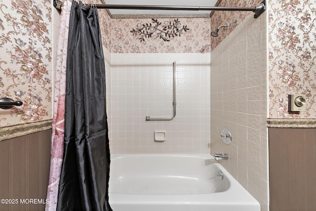 22 Fir Rd Unit 25, Manahawkin, NJ 08050 - bathroom with a wainscoted wall, shower / tub combo with curtain, and wallpapered walls