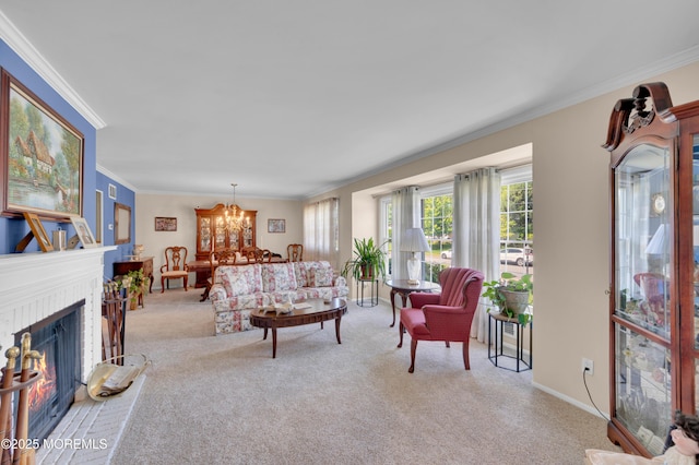 1223 Clover Rd, Brick, NJ 08724 - carpeted living room featuring a chandelier, ornamental molding, a fireplace, and baseboards