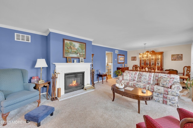 1223 Clover Rd, Brick, NJ 08724 - carpeted living room with a chandelier, crown molding, and a brick fireplace