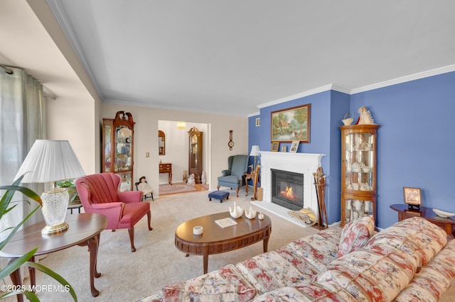 1223 Clover Rd, Brick, NJ 08724 - living area featuring carpet flooring, crown molding, and a glass covered fireplace