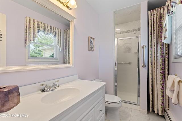 bathroom featuring tile patterned floors, vanity, a baseboard heating unit, a stall shower, and toilet