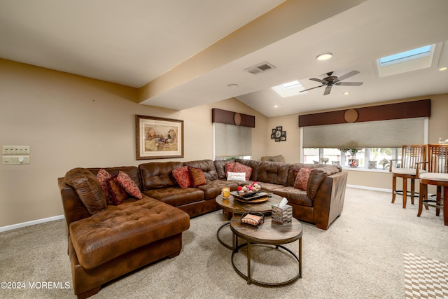 3 Romero Ct, Monroe, NJ 08831 - living room featuring a skylight, light carpet, ceiling fan, baseboards, and recessed lighting