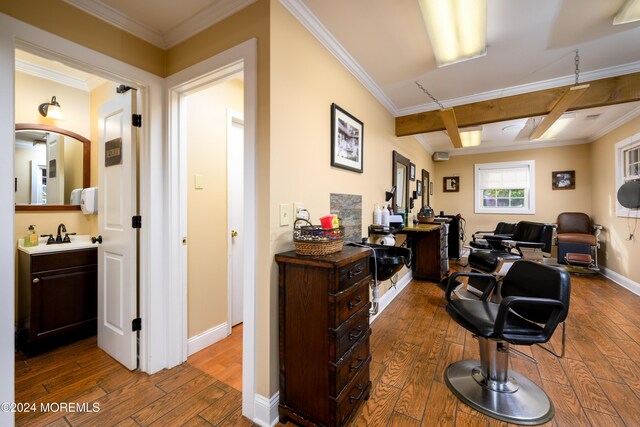 3 Romero Ct, Monroe, NJ 08831 - home office featuring dark wood finished floors, crown molding, baseboards, and a sink