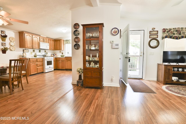 39 Goldenrod Pl, Jackson, NJ 08527 - kitchen featuring white appliances, ceiling fan, light wood-style floors, light countertops, and brown cabinetry