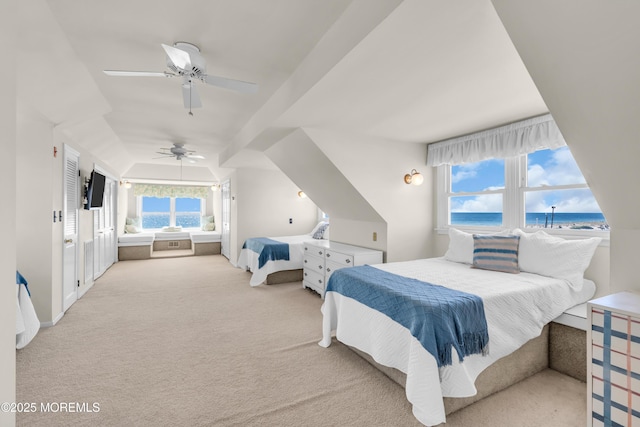 817 S Ocean Ave, Seaside Park, NJ 08752 - bedroom featuring ceiling fan, a water view, carpet floors, and vaulted ceiling