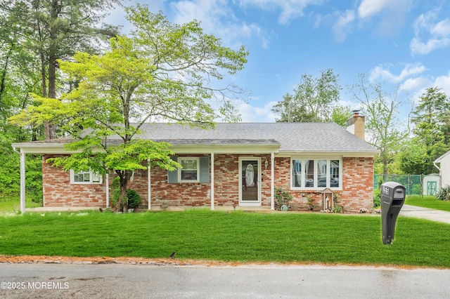 255 Cherokee Trl, Forked River, NJ 08731 - single story home featuring a chimney, a front lawn, brick siding, and a shingled roof