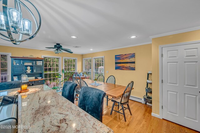 255 Cherokee Trl, Forked River, NJ 08731 - dining space featuring recessed lighting, crown molding, light wood-style flooring, a chandelier, and a ceiling fan