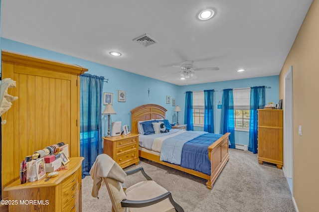 255 Cherokee Trl, Forked River, NJ 08731 - bedroom with light colored carpet, a baseboard radiator, recessed lighting, a ceiling fan, and baseboards