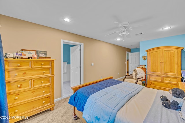 255 Cherokee Trl, Forked River, NJ 08731 - bedroom with light carpet, baseboards, recessed lighting, ceiling fan, and ensuite bath