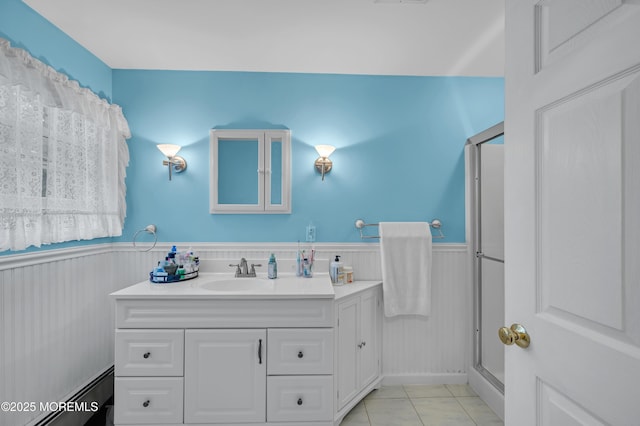 255 Cherokee Trl, Forked River, NJ 08731 - bathroom with a wainscoted wall, a shower with shower door, vanity, and baseboard heating