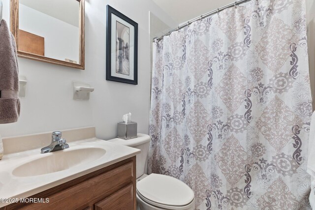 bathroom featuring toilet, vanity, and curtained shower