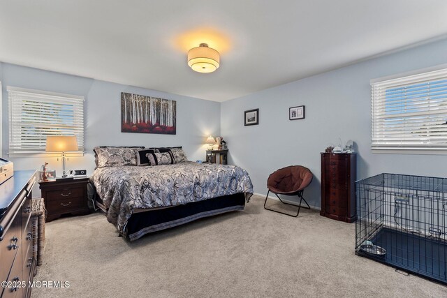 bedroom with light carpet