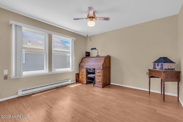 25 Elmswell Ave, Manchester, NJ 08759 - home office with a baseboard radiator, light wood-style flooring, ceiling fan, and baseboards
