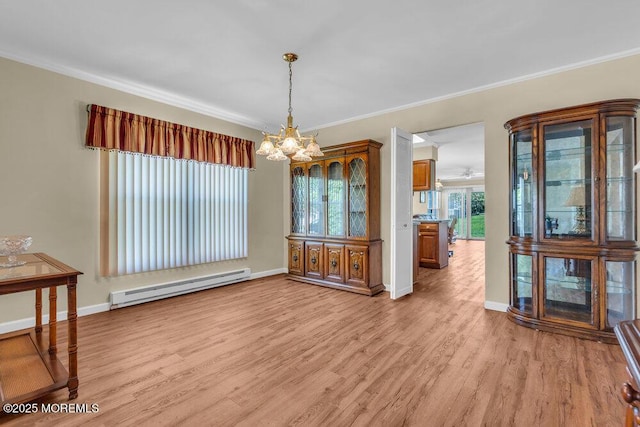 25 Elmswell Ave, Manchester, NJ 08759 - unfurnished dining area featuring baseboard heating, a chandelier, light wood finished floors, baseboards, and ornamental molding
