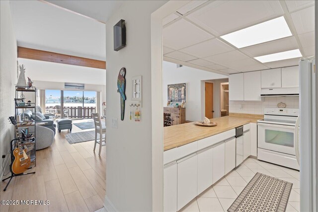 77 E Water St Unit 18, Toms River, NJ 08753 - kitchen with white appliances, light countertops, white cabinetry, under cabinet range hood, and backsplash