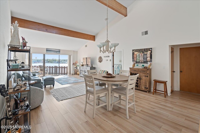 77 E Water St Unit 18, Toms River, NJ 08753 - dining space featuring a chandelier, beamed ceiling, light wood-style flooring, and high vaulted ceiling