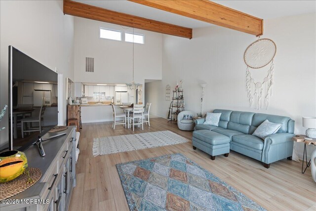 77 E Water St Unit 18, Toms River, NJ 08753 - living area featuring a towering ceiling, beamed ceiling, and light wood-type flooring