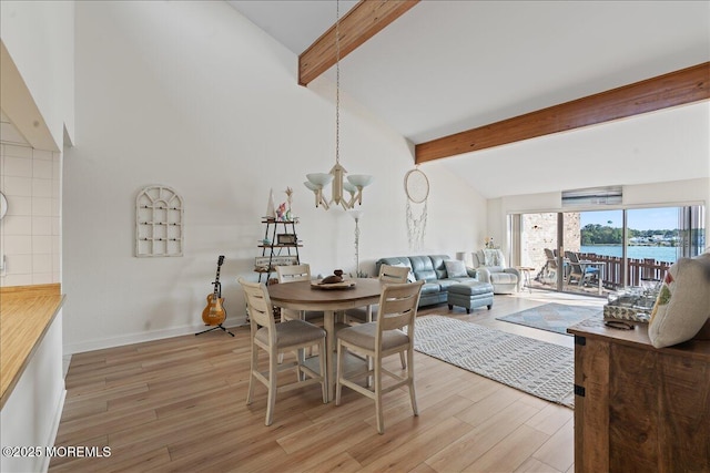 77 E Water St Unit 18, Toms River, NJ 08753 - dining space with beamed ceiling, light wood finished floors, a chandelier, baseboards, and high vaulted ceiling