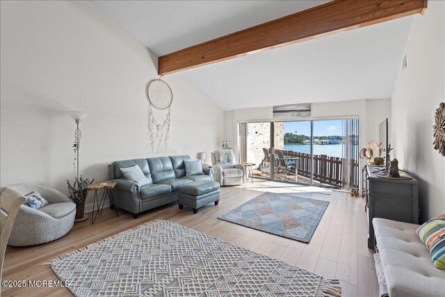 77 E Water St Unit 18, Toms River, NJ 08753 - living room featuring beamed ceiling, wood finished floors, and high vaulted ceiling