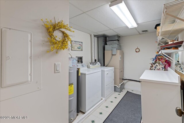 77 E Water St Unit 18, Toms River, NJ 08753 - laundry area featuring independent washer and dryer, light tile patterned flooring, water heater, and heating unit