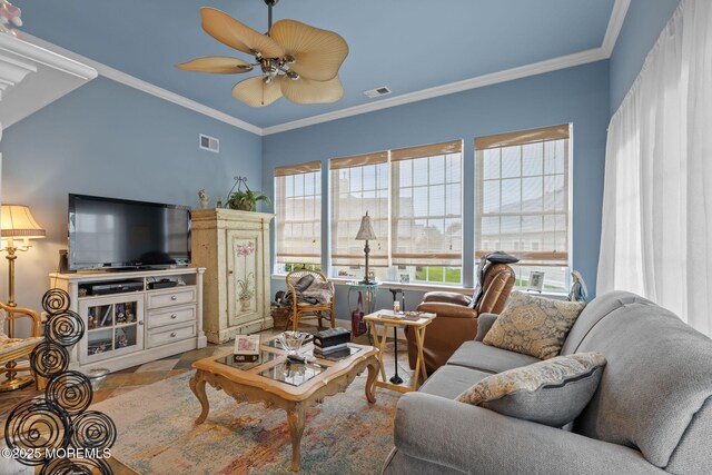 5 Chadwick Ct, Waretown, NJ 08758 - living room featuring crown molding and a ceiling fan