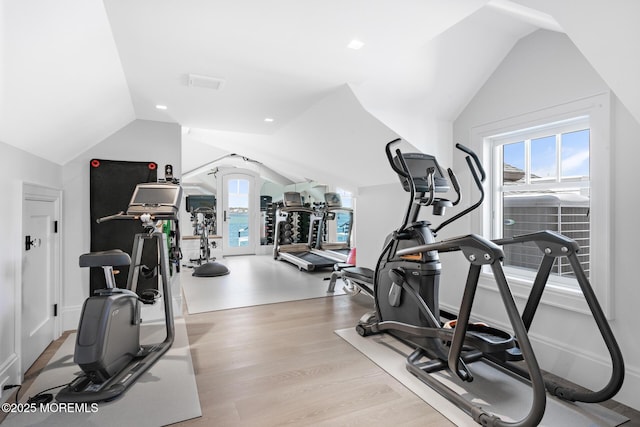 948 Lagoon Ln S, Mantoloking, NJ 08738 - workout area with lofted ceiling, plenty of natural light, and wood finished floors
