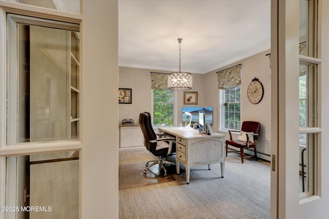 50 Hedgerow Ln, Manalapan, NJ 07726 - office area featuring carpet floors, crown molding, and a chandelier