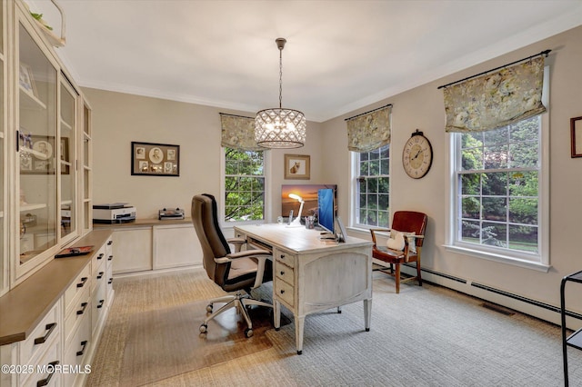50 Hedgerow Ln, Manalapan, NJ 07726 - home office with a chandelier, light colored carpet, and crown molding