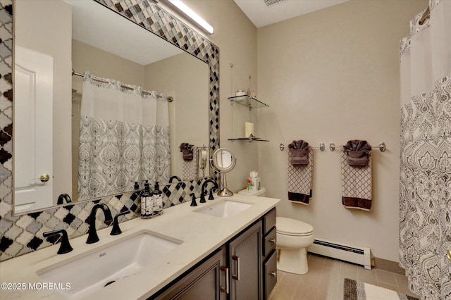 50 Hedgerow Ln, Manalapan, NJ 07726 - bathroom with a baseboard radiator, toilet, double vanity, and a shower with shower curtain