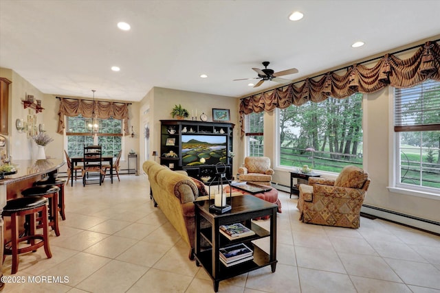 50 Hedgerow Ln, Manalapan, NJ 07726 - living room with baseboard heating, light tile patterned floors, recessed lighting, and a ceiling fan