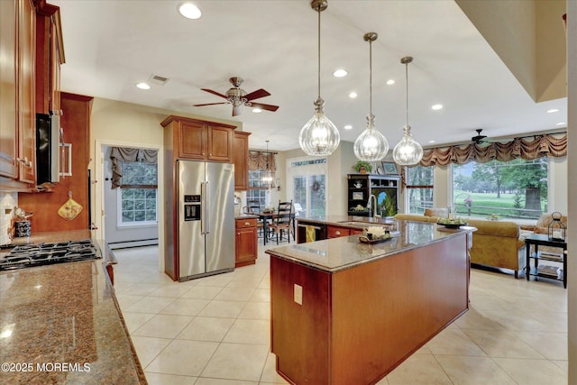 50 Hedgerow Ln, Manalapan, NJ 07726 - kitchen with high quality fridge, ceiling fan, dishwasher, recessed lighting, and a sink