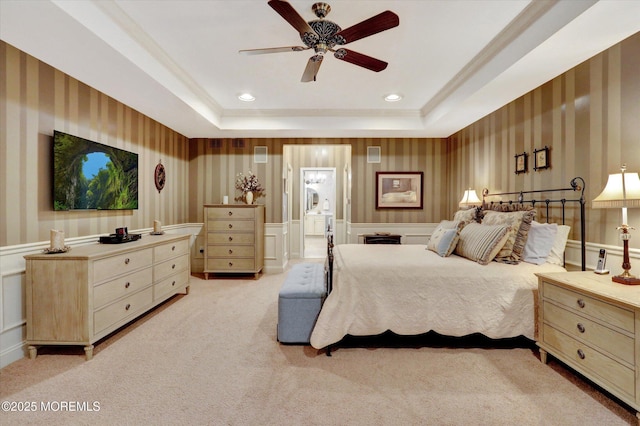 50 Hedgerow Ln, Manalapan, NJ 07726 - bedroom featuring wallpapered walls, a raised ceiling, light colored carpet, a wainscoted wall, and recessed lighting