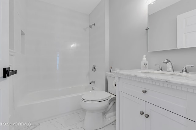 bathroom with toilet, marble finish floors,  shower combination, and vanity