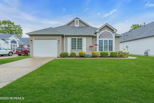 view of front of house with driveway, a garage, a front yard, and a shingled roof