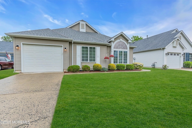 view of front facade featuring driveway, a garage, a front yard, and a shingled roof