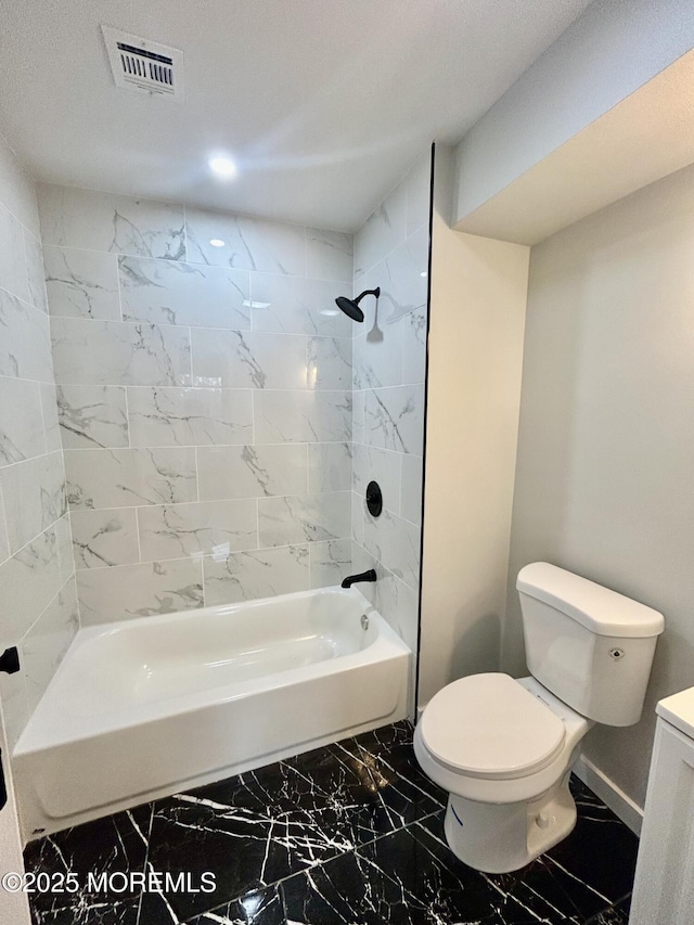full bathroom featuring marble look tiles, toilet, shower / bath combination, vanity, and baseboards
