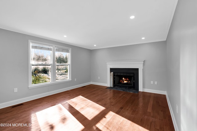 6 Afton Rd, Jackson, NJ 08527 - unfurnished living room with a fireplace with flush hearth, crown molding, wood finished floors, baseboards, and recessed lighting