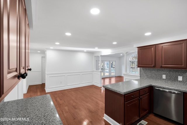6 Afton Rd, Jackson, NJ 08527 - kitchen featuring stainless steel dishwasher, decorative columns, wood finished floors, a peninsula, and light stone counters
