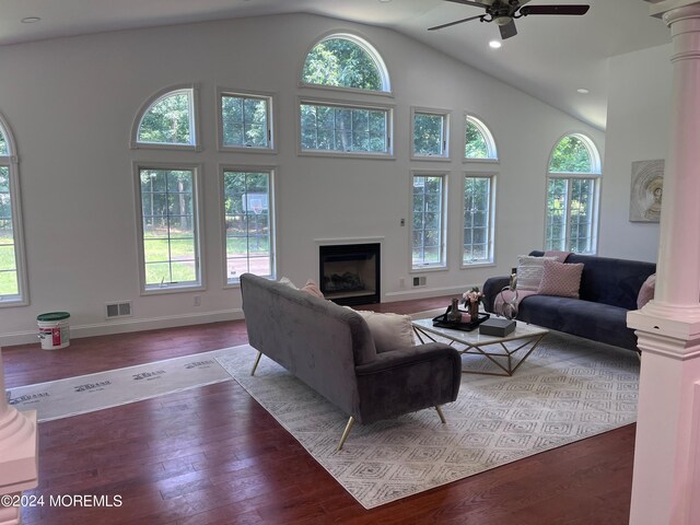 6 Afton Rd, Jackson, NJ 08527 - living room featuring plenty of natural light, wood-type flooring, decorative columns, recessed lighting, and high vaulted ceiling