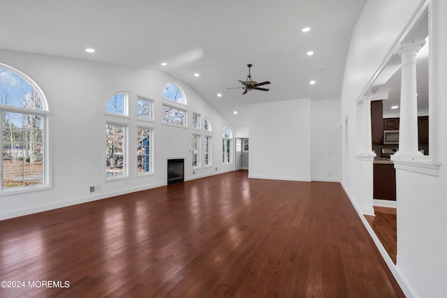 6 Afton Rd, Jackson, NJ 08527 - unfurnished living room featuring ceiling fan, recessed lighting, dark wood finished floors, a fireplace, and decorative columns