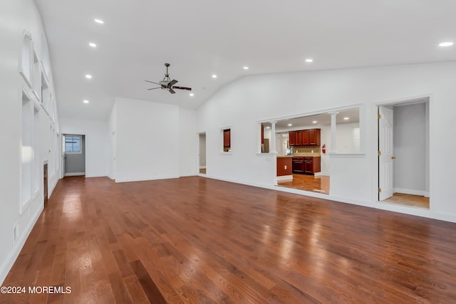 6 Afton Rd, Jackson, NJ 08527 - unfurnished living room featuring ceiling fan, vaulted ceiling, hardwood / wood-style floors, recessed lighting, and baseboards
