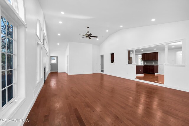 6 Afton Rd, Jackson, NJ 08527 - unfurnished living room with a ceiling fan, recessed lighting, lofted ceiling, dark wood-type flooring, and baseboards