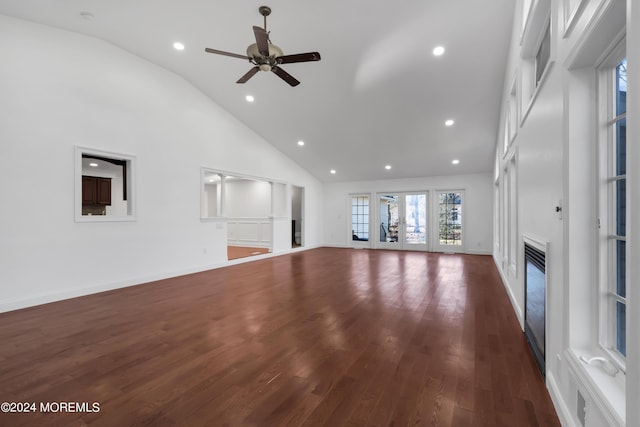 6 Afton Rd, Jackson, NJ 08527 - unfurnished living room featuring high vaulted ceiling, recessed lighting, a glass covered fireplace, dark wood-type flooring, and ceiling fan
