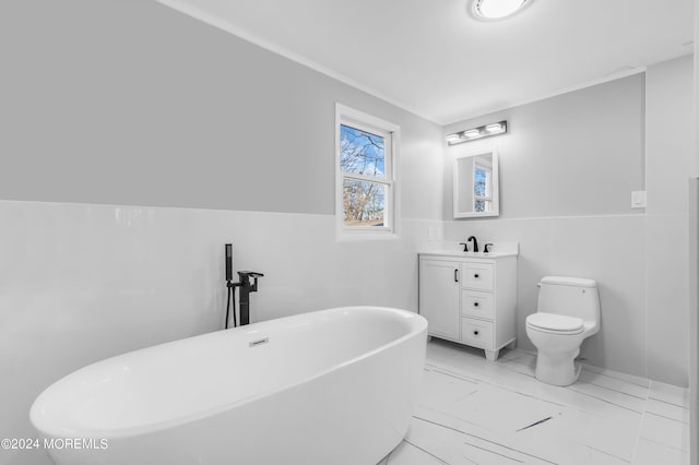 6 Afton Rd, Jackson, NJ 08527 - full bath featuring a freestanding bath, wainscoting, vanity, toilet, and marble look tile flooring