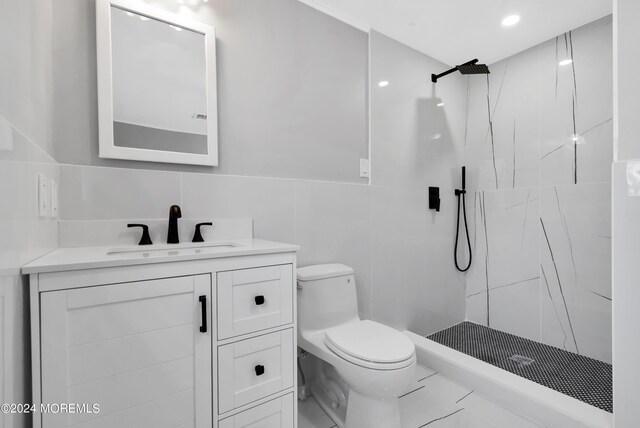 6 Afton Rd, Jackson, NJ 08527 - bathroom with toilet, walk in shower, vanity, tile walls, and wainscoting